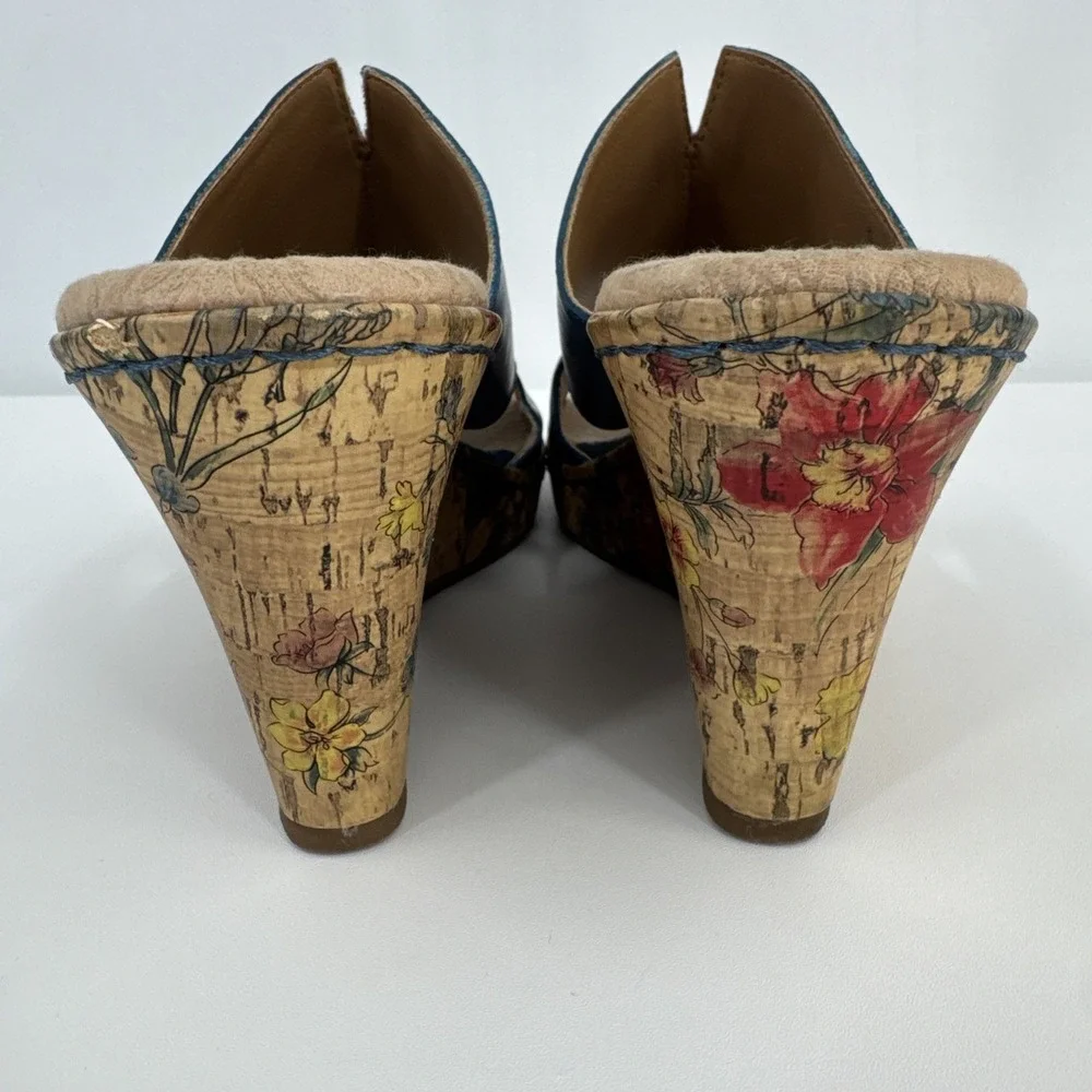 Born Casaba C34104 Blue Leather Floral Slip Womens Cork Wedge - Size 8M - Picture 6 of 11